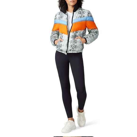 Central Park West Wesley Snakeskin Striped Print Puffer Coat Gray White Medium - Picture 2 of 6